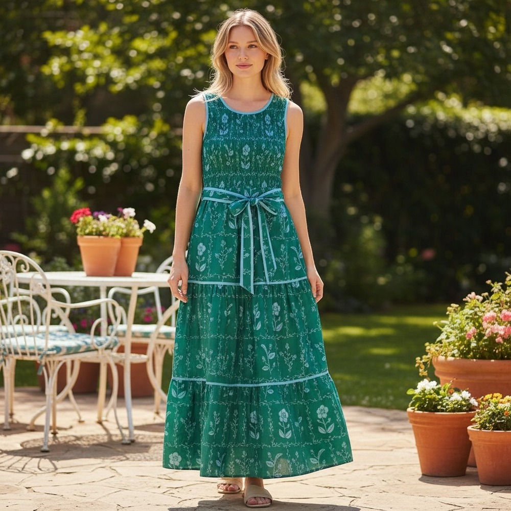 Strut & Bolt Green Floral Smocked Tiered Maxi Dress Small